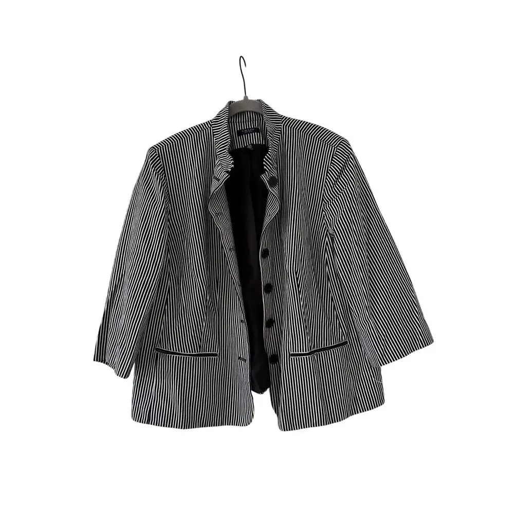 Chaps Womens 18W Black White Striped Cotton Blazer Jacket Plus Size Button - Picture 2 of 13